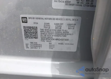 2024 Chevrolet Silverado 1500 4Wd Short Bed Custom Trail Boss из США, поврежденный, VIN 3GCPDCEK4RG437300